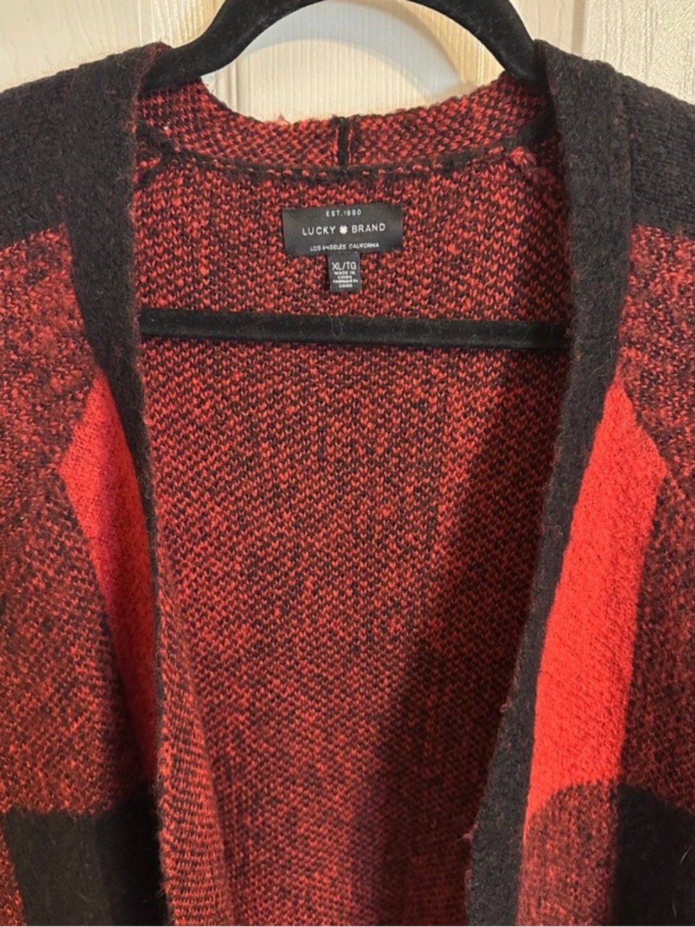 Lucky Brand Open Front Buffalo Plaid Relaxed Cardigan Sweater, Red & Black, XL - Picture 3 of 9